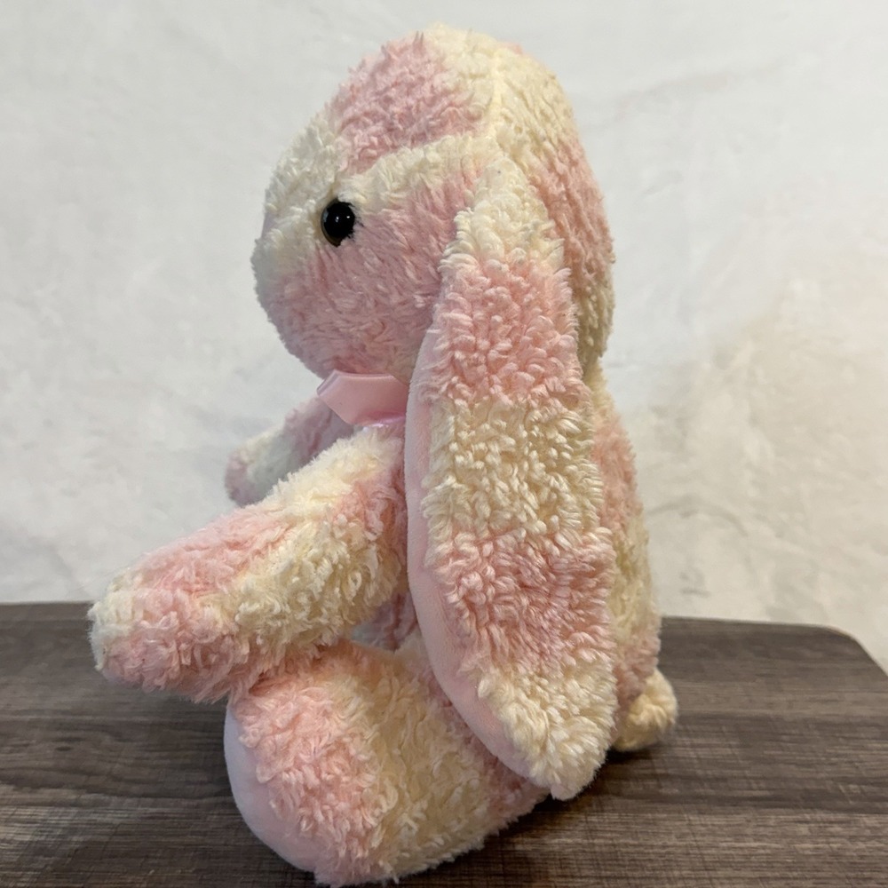 Pink Ribbon White Soft Textured Easter Bunny Plush Striped Rabbit Stuffed Animal - Picture 5 of 9